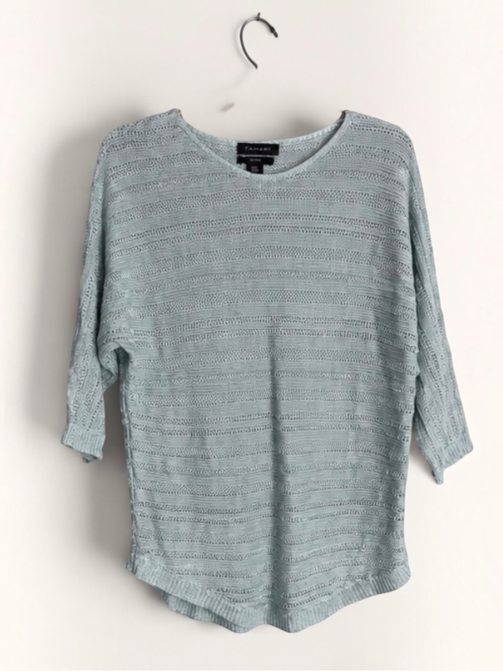 Tahari M 100% Linen Open Knit Sweater Green Dolman 3/4 Sleeve Coastal
